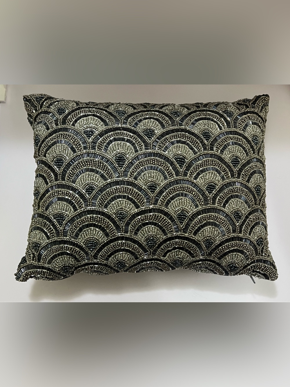 Art Deco Beaded Accent Pillow Black Silver Metallic Gatsby Glam